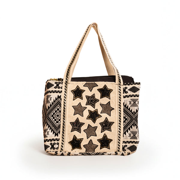 Vanaweava TAARA Handcrafted Jute Tote Bag | Star Motif Ethnic Carryall with Inner Zipper | Sustainable Black & White Artisan Tote