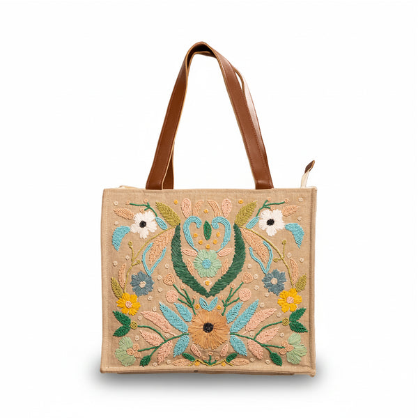 Vanaweava VERDENA Handcrafted Jute Tote Bag | Botanical Beaded Embroidery Carryall with Inner Zipper | Sustainable Everyday Tote