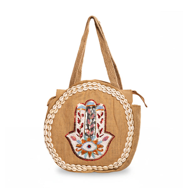 Vanaweava AMARA Handcrafted Jute Tote Bag | Eco-Friendly Artisan Carryall with Shell & Sequin Detailing | Sustainable Tote with Zipper