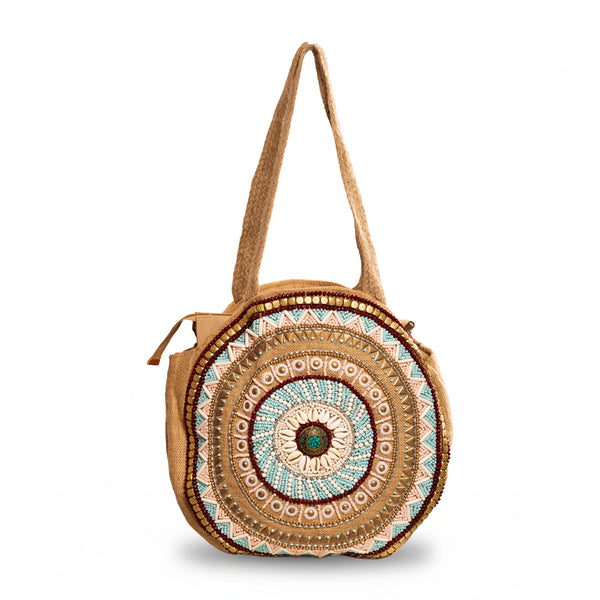 Vanaweava ORIELA Handcrafted Jute Tote Bag | Eco-Friendly Artisan Beaded Carryall with Shell Detailing | Sustainable Round Tote with Inner Zipper