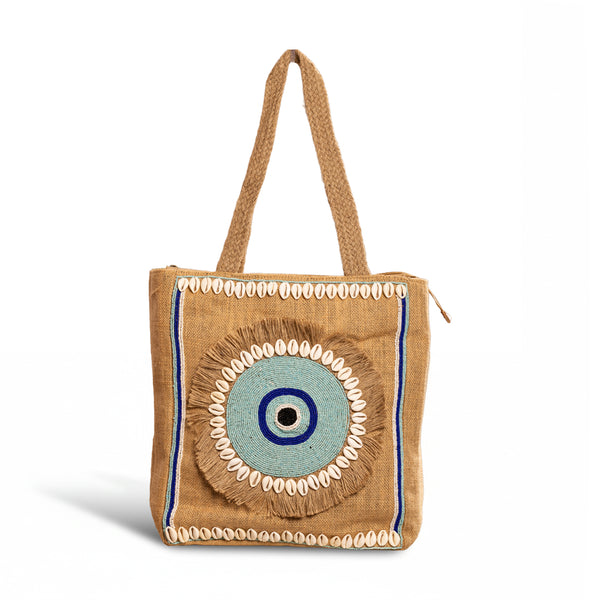 Vanaweava LUNARA Handcrafted Jute Tote Bag | Eco-Friendly Artisan Carryall with Shell & Bead Detailing | Sustainable Tote with Inner Zipper