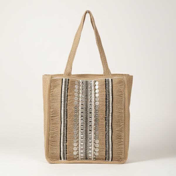 Vanaweava SUTRA Handcrafted Jute Tote Bag | Beaded & Coin Embellished Eco-Friendly Carryall | Sustainable Structured Tote for Everyday Use
