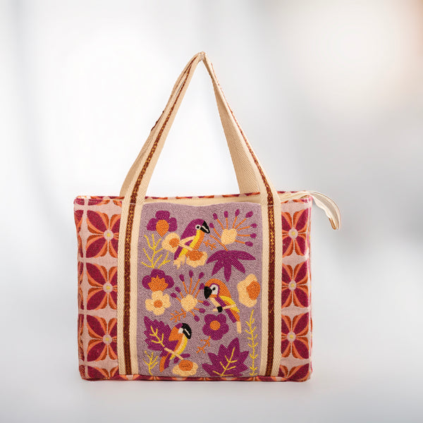 Vanaweava AVIFAUNA Tote | Handcrafted Sustainable Jute Tote Bag with Bird & Floral Embroidery | Eco-Friendly Everyday Carry