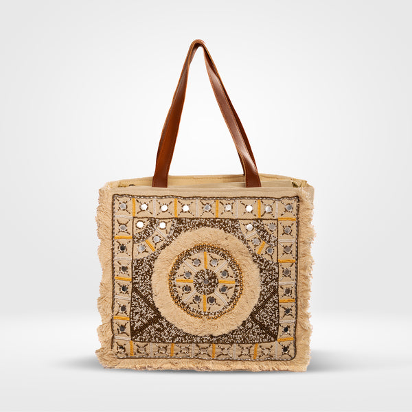 Vanaweava MANDALA Tote | Handcrafted Sustainable Jute Tote with Circular Beaded Embroidery | Eco-Friendly Statement Carryall
