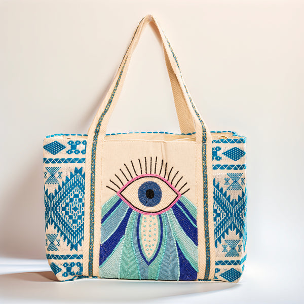 Vanaweava NAYANA Sustainable Jute Tote Bag for Women | Handwoven Blue Geometric Tote with Beaded Eye Motif | Eco-Friendly Shoulder Bag for Work, Travel & Daily Use